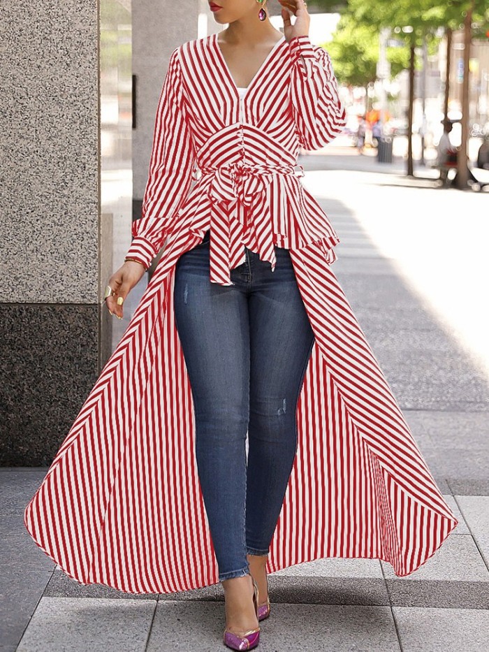 Fashion Casual Stripe Long Sleeve Blouse V-Neck Maxi Dress