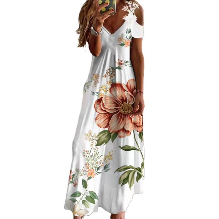 Trendy Floral Print Lace Loose A-Line Sexy Slit Maxi Dress