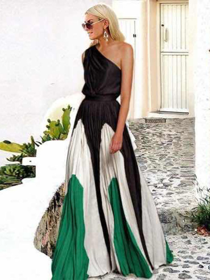 Elegant One Shoulder Vintage Popular Print Patchwork Maxi Dress