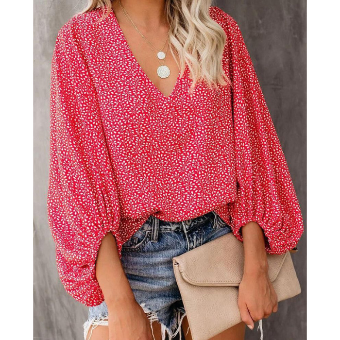 Fashion Floral Print V Neck Balloon Sleeves Casual Top Tunic Loose  Blouses