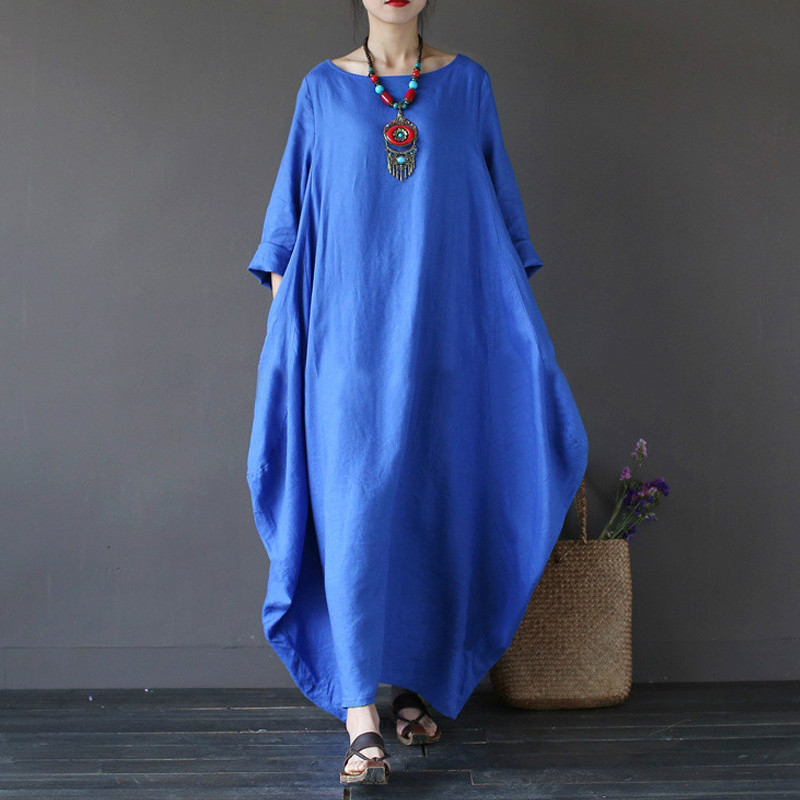 Retro Fashion Solid Color Long Sleeve Loose Cotton Linen Casual Maxi Dress