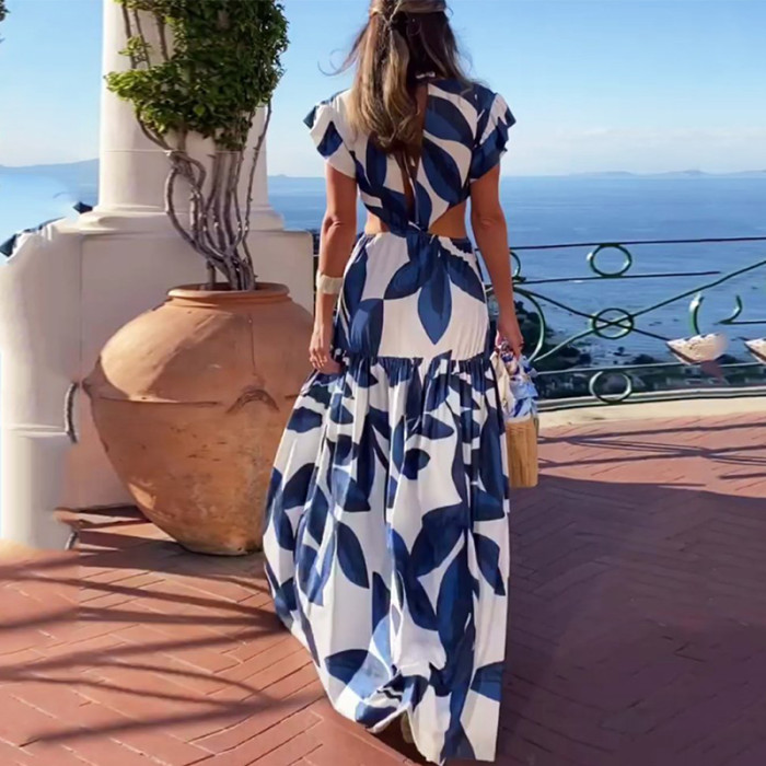 Sexy Fashion Drop Waist V Neck Backless Butterfly Party Print Maxi Dress