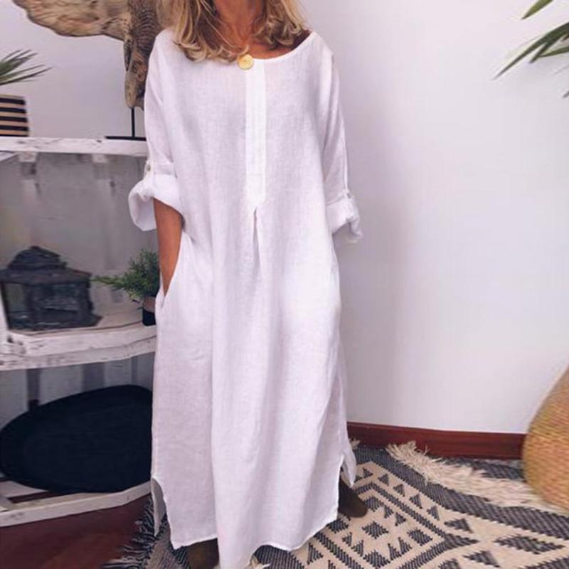 Casual Solid Color Oversize Cotton Linen Shirt Maxi Dress