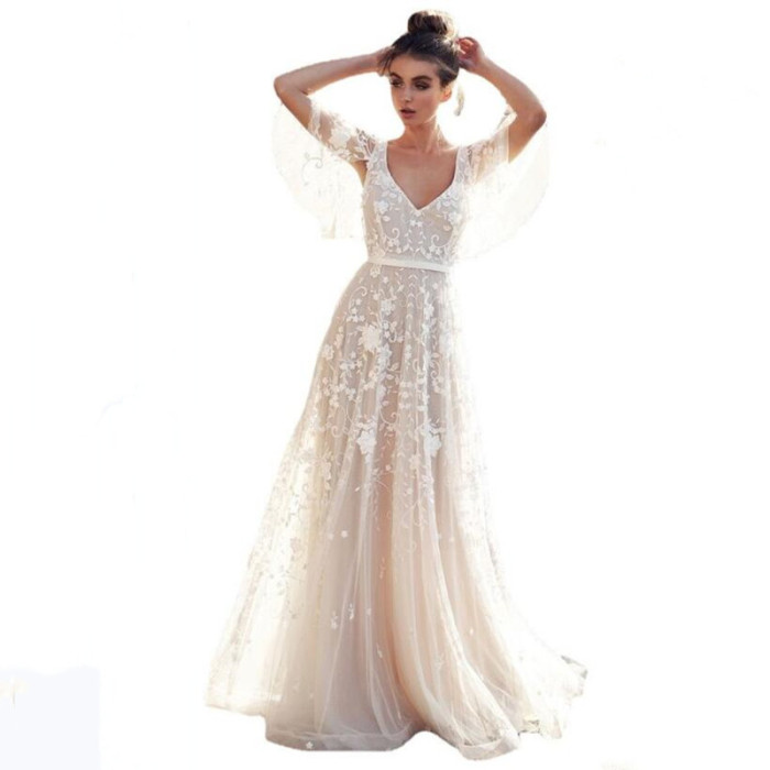 Long Boho Elegant Tulle Half Sleeves V-Neck Wedding Dresses