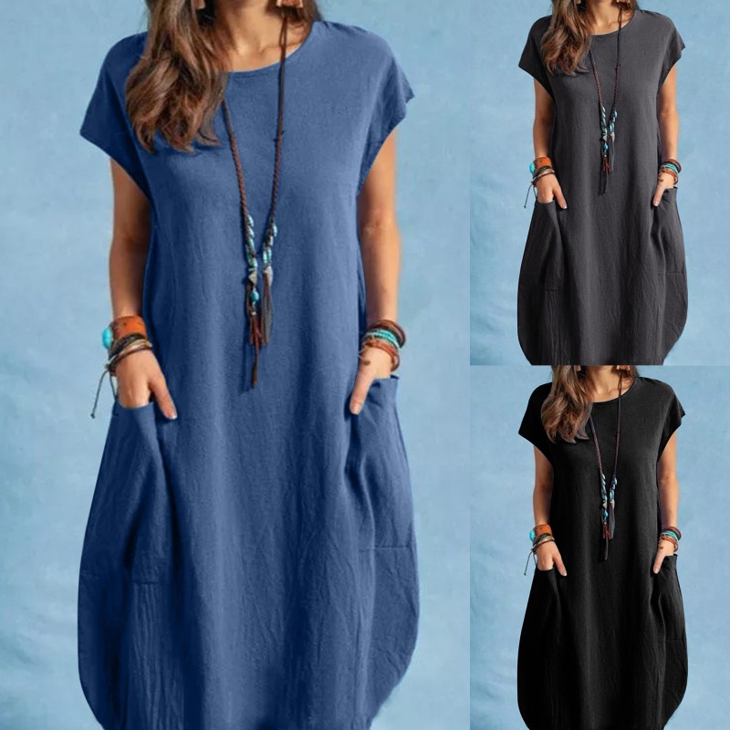 Fashion Solid Color Casual O Neck Loose Midi Dress