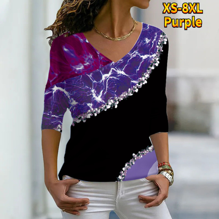 Fashion Print Top Retro Elegant Sexy V Neck Long Sleeve T-Shirt