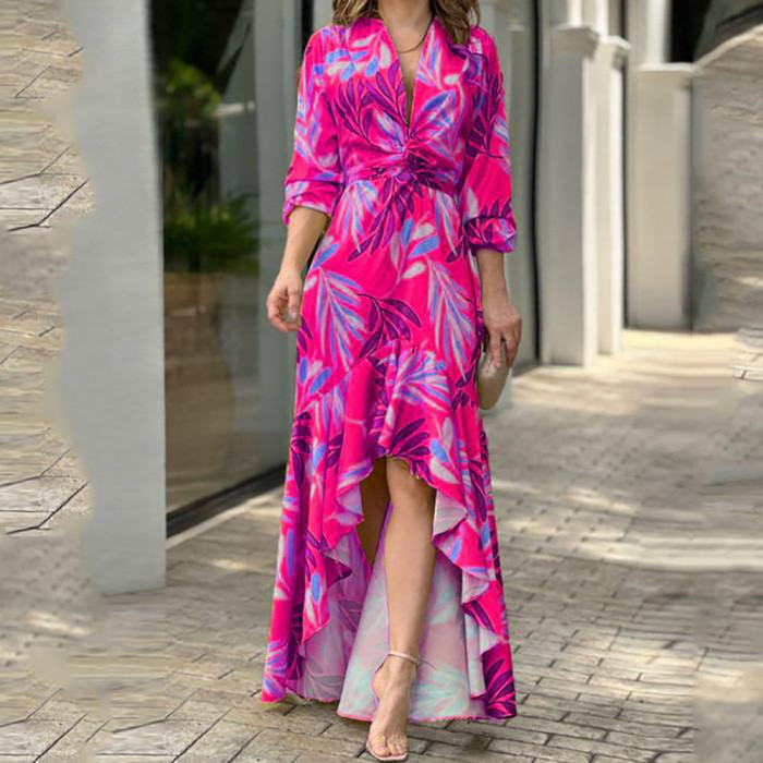 Elegant Long Sleeve Print Fashion Casual Print Asymmetric Tie Maxi Dress