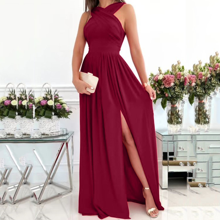 Sexy High Slit Halter Elegant Lace Strap Off Shoulder A Line Solid Color Prom Dress