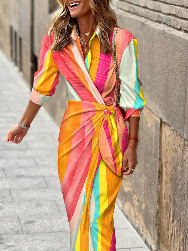 Bohemian Chic Colorblock Tie Shirt Casual Midi Dress