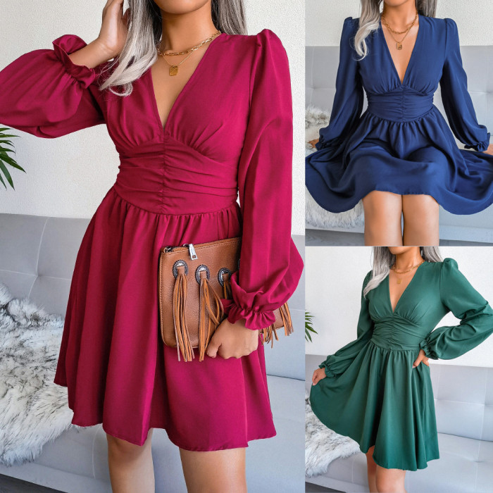 Sexy Deep V Neck Long Sleeve Ruffle Dress