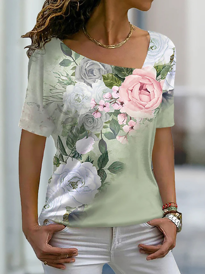 Women's Fashion Floral Print V Neck Casual Harajuku T-Shirt