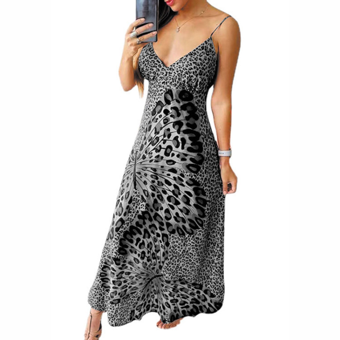 Fashion Deep V Neck Sexy Butterfly Leopard Print  Maxi Dress