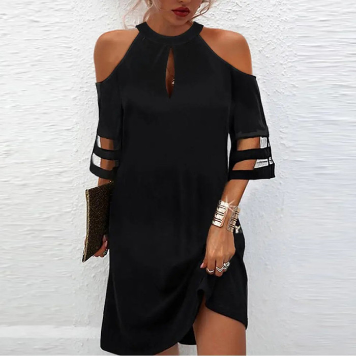 Women Loose V Neck Hollow Out Mesh Patchwork Casual Dress