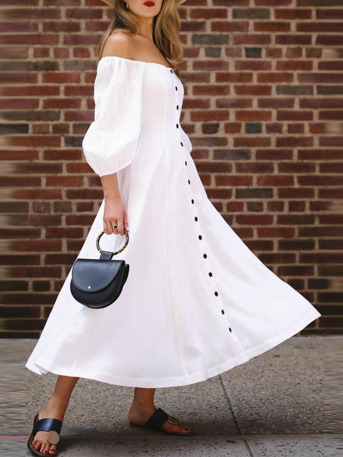Sexy Puff Sleeve Solid Color Party Casual Loose  Elegant Off Shoulder  Maxi Dress