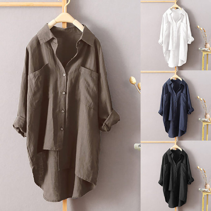 Fashion Long Sleeve Loose Top Casual Solid Color Cotton Irregular Blouses