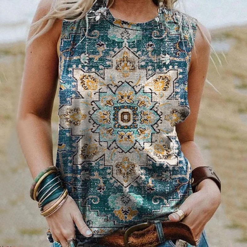 Vintage Women Casual Tank Print Round Neck Sleeveless Vest Loose  Camisole Top