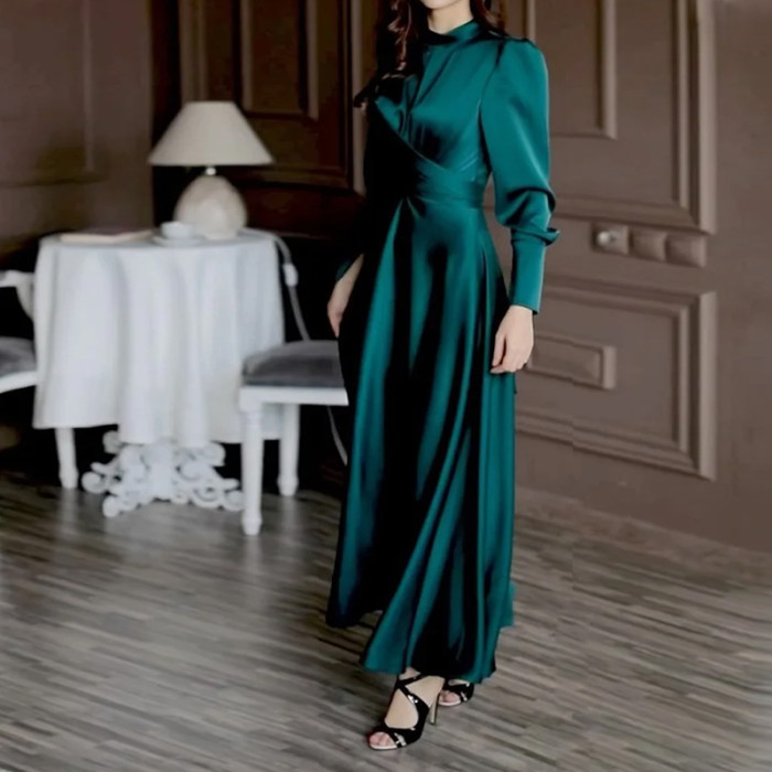 Fashion Solid Color Elegant Casual Puff Sleeve Turtleneck Tie  Maxi Dress