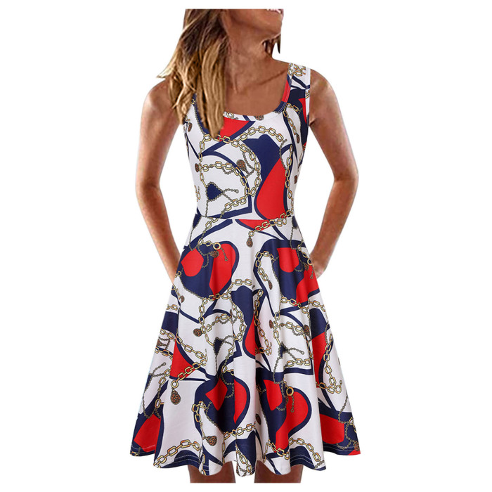 Heart Print Fashion Sleeveless U Neck A Line Loose Casual Dress