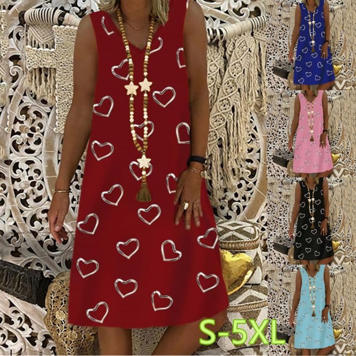 V-neck Printed Sleeveless Loose Fashion Casual Dress