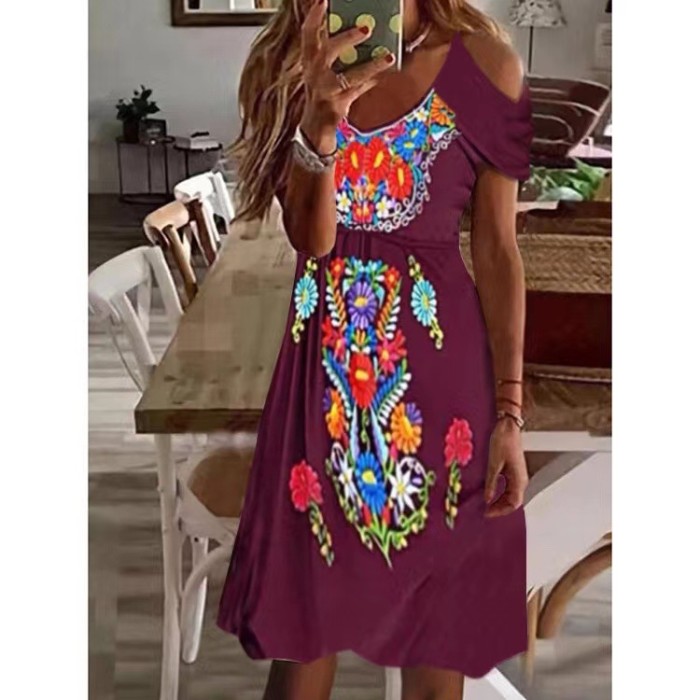 Boho Loose V Neck Short Sleeve Sexy Off Shoulder Floral Print Loose Dress