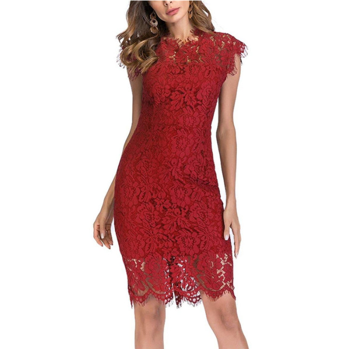 Lace Solid Color Slim Sleeveless Ruffles Hollow Out Party Mini Bodysuit Dress