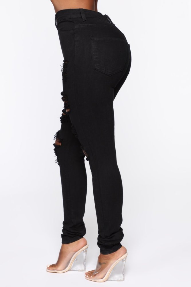 Women's Black Ripped Fashion High Waist Elastic Slim Body Fit Jeans