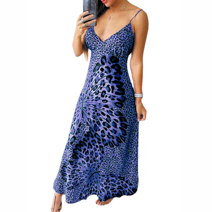Fashion Deep V Neck Sexy Butterfly Leopard Print  Maxi Dress