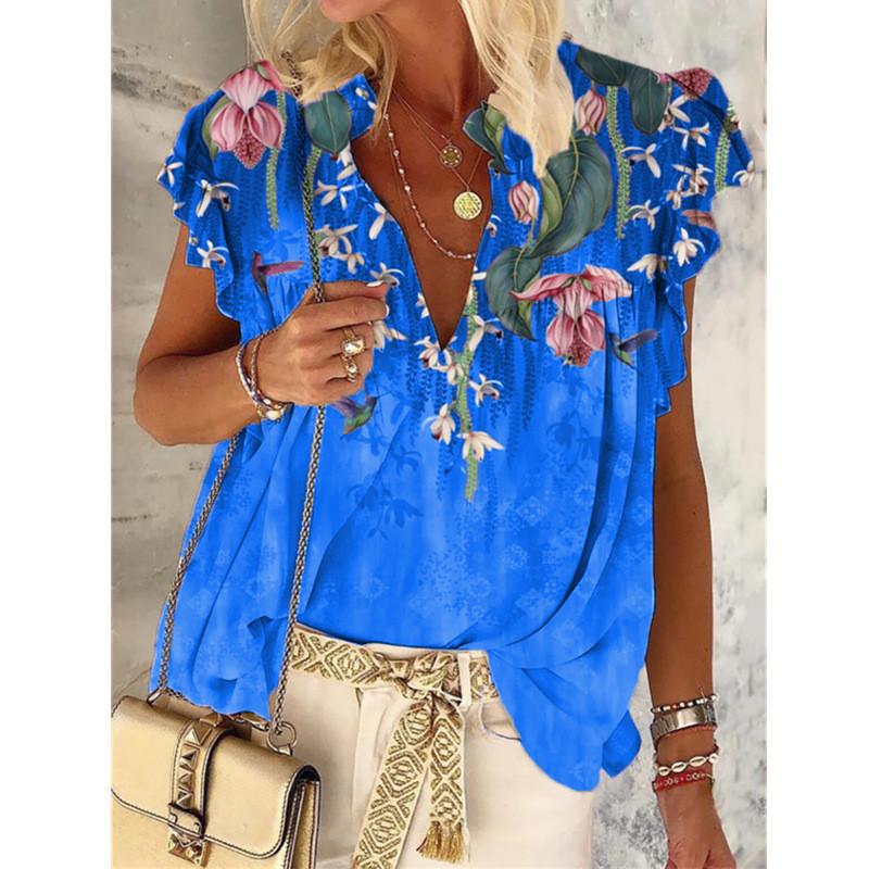 Sexy V Neck Floral Print Casual Boho Top Blouses