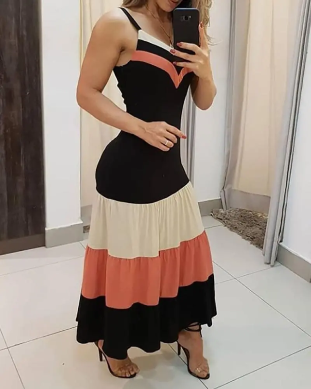 Women V neck Sleeveless Colorblock  Ruched Ruffles Dress