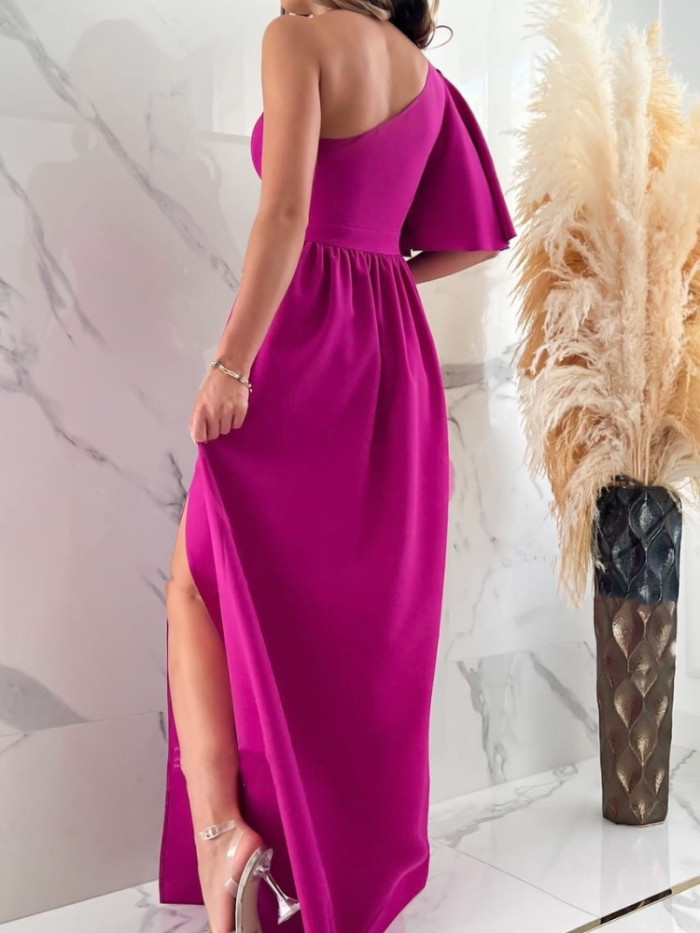 Solid Color Fashion Party Slanted Shoulder Slit Sexy  Maxi Dress