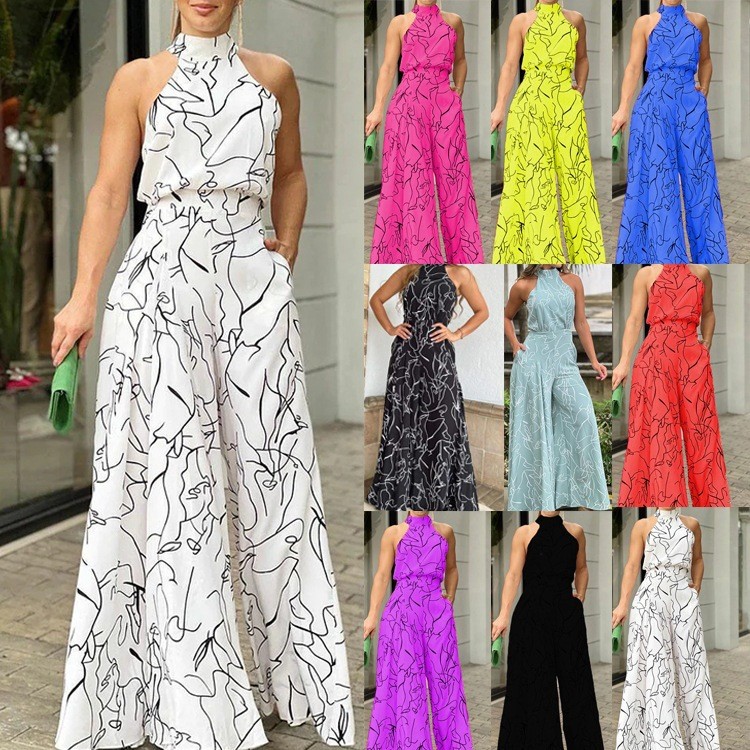 Sexy Halter Neck Sleeveless Print High Street Fashion Wide Leg Jumpsuit