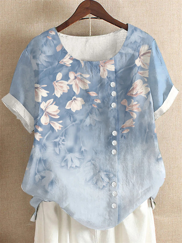 Elegant Floral Print Casual Round Neck Fashion Cotton Linen Blouses & Shirts