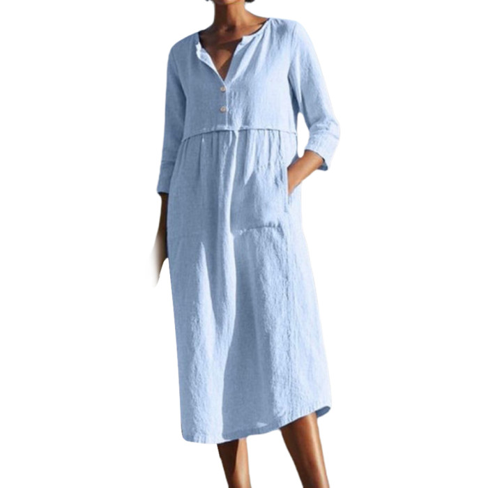 Women Solid Color Half Sleeve Pockets Buttons Cotton Linen Loose Midi Dress