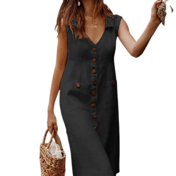Vintage Casual Beach V Neck Solid Color High Waist Sleeveless Single-breasted Midi Dress
