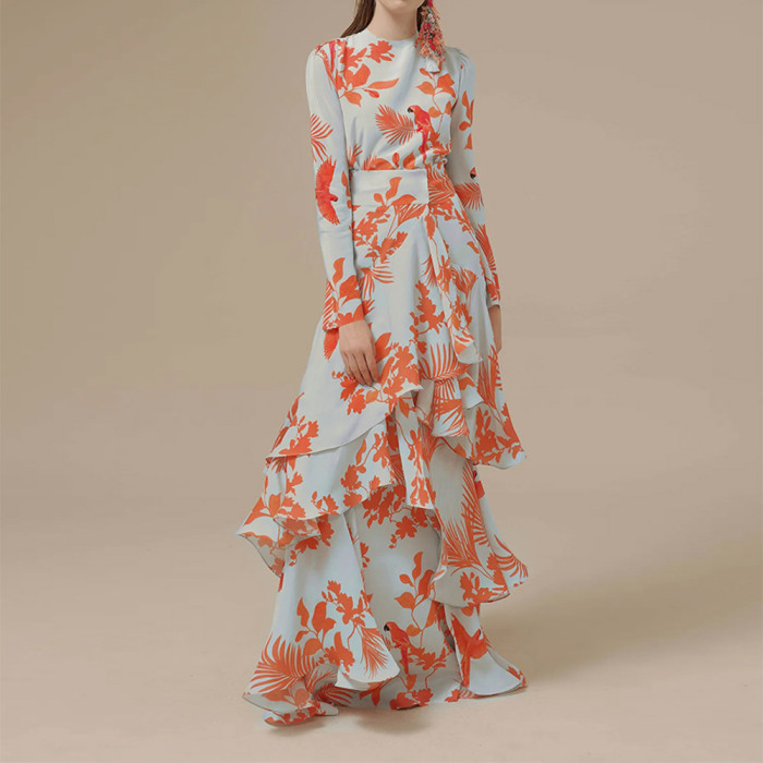 Fashion Bohemian Print Ruffle Long Sleeve Slim Fit Big Swing Irregular  Maxi Dress
