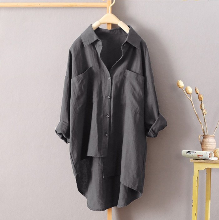 Fashion Long Sleeve Loose Top Casual Solid Color Cotton Irregular Blouses