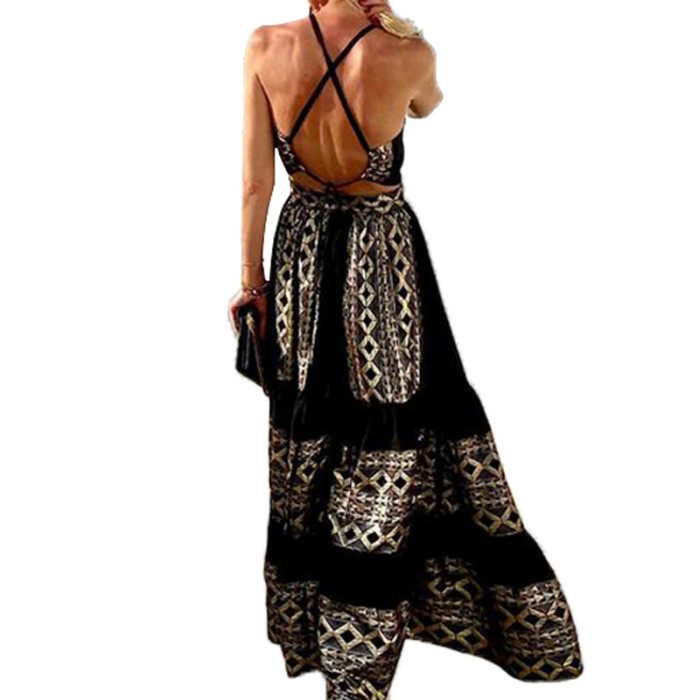 Bohemian Sexy Backless Sleeveless Lace-up High Waist Printing Dress