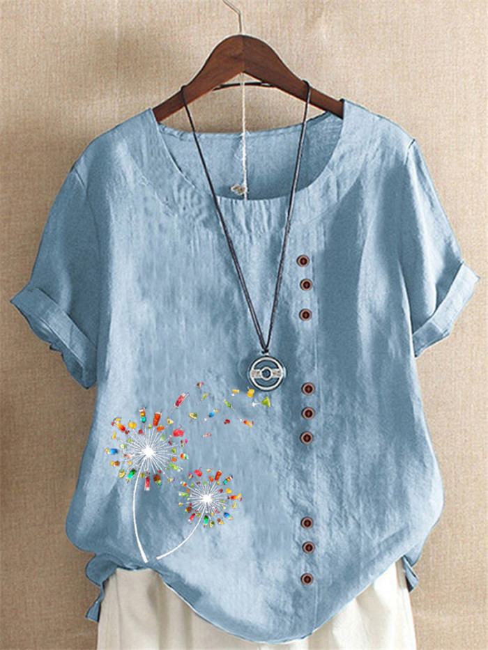 Cotton Linen Short Sleeve Casual Round Neck Button Print Fashion  Blouses & Shirts