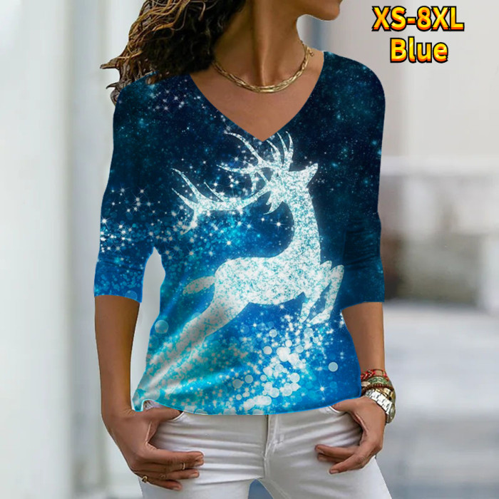 Long Sleeve Fashion Ladies Christmas Elk Animal V Neck T-Shirt