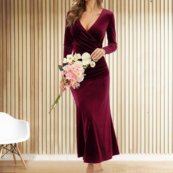 Elegant Solid Color V-Neck Casual Long Sleeve Bodycon Dress