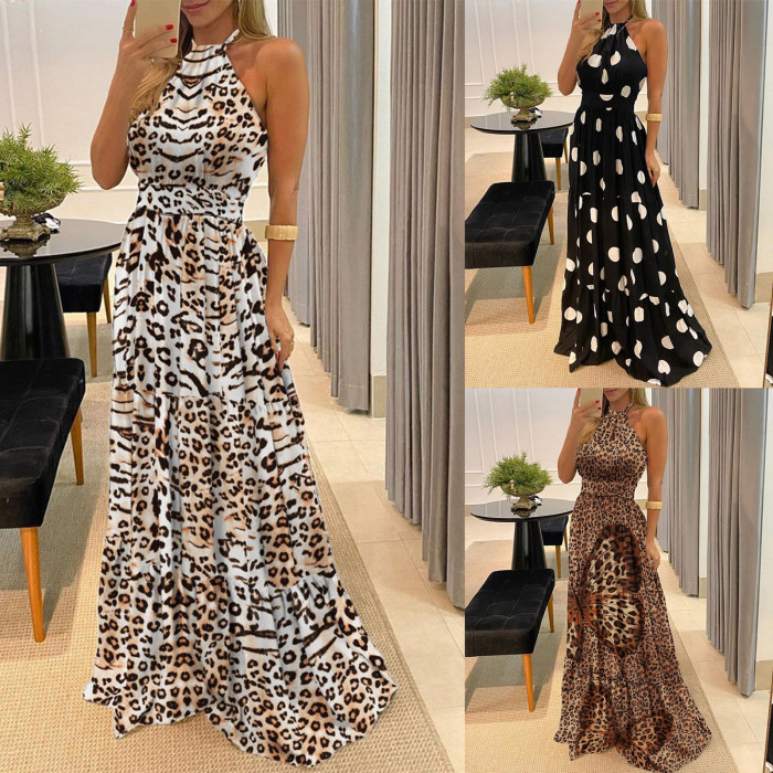 Trendy Leopard Print Boho Long Sleeve Crew Neck Tassel Vacation Maxi Dress