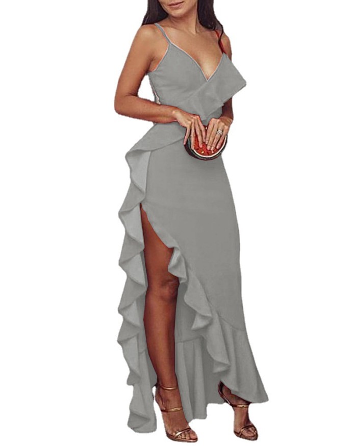 Fashion Ruffle V Neck Sleeveless Tunic High Slit Sexy  Prom Dress