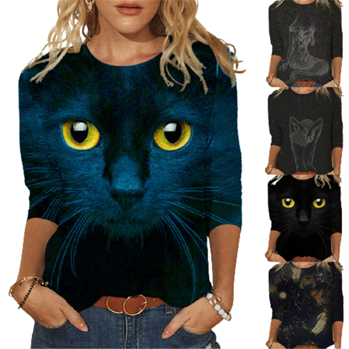 Fashion Cat Eye Print O-Neck Long Sleeves Casual Top