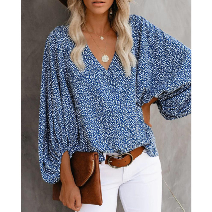 Fashion Floral Print V Neck Balloon Sleeves Casual Top Tunic Loose  Blouses