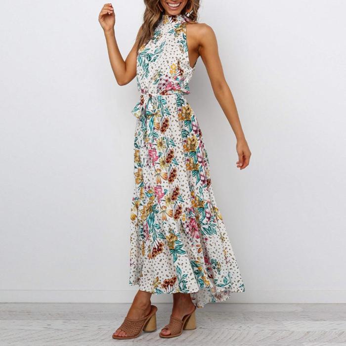 Boho Sexy Sleeveless Floral Print High Waist Maxi Dress