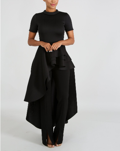 Fashion Irregular Short Sleeve Black Ruffle Zipper High Waist Elegant Party Midi Dress