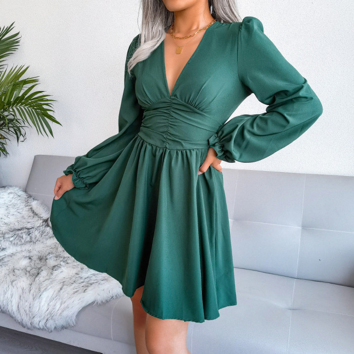 Sexy Deep V Neck Long Sleeve Ruffle Dress
