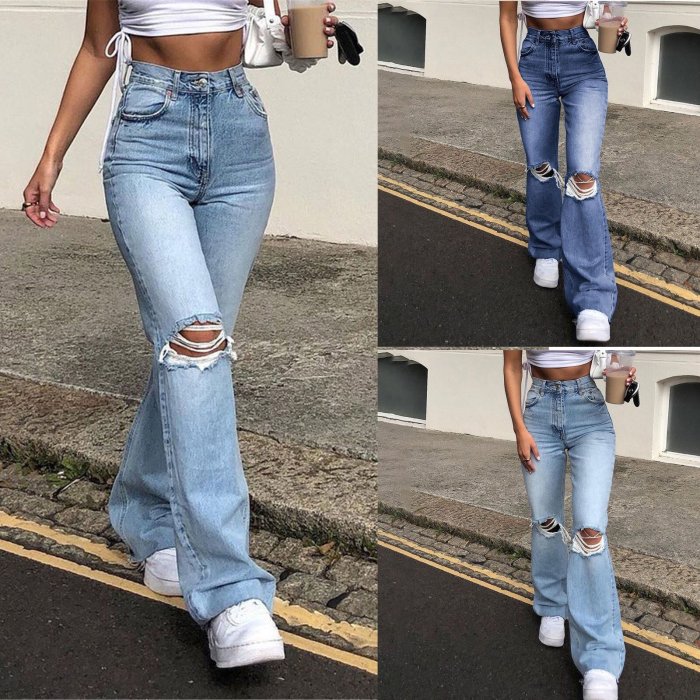 High Waist Women's Retro Casual Stretch Slim Ripped Flared Jeans