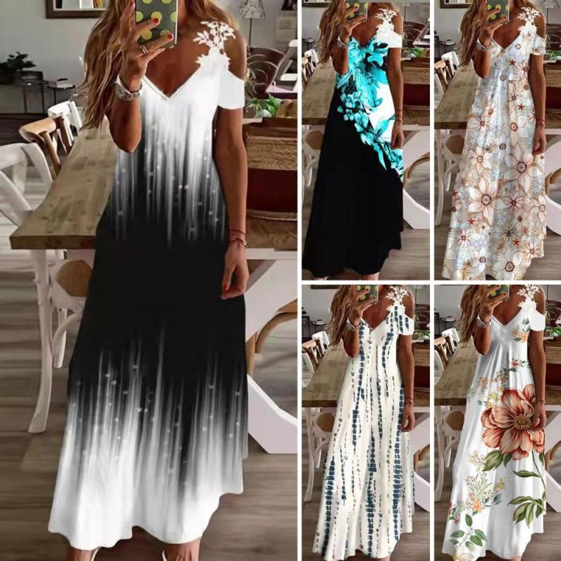 Trendy Floral Print Lace Loose A-Line Sexy Slit Maxi Dress