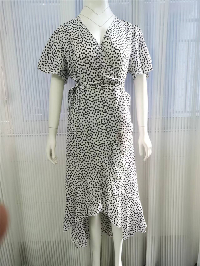 Trendy Polka Dot Print Boho Elegant V Neck Ruffled Ruffles Midi Dress